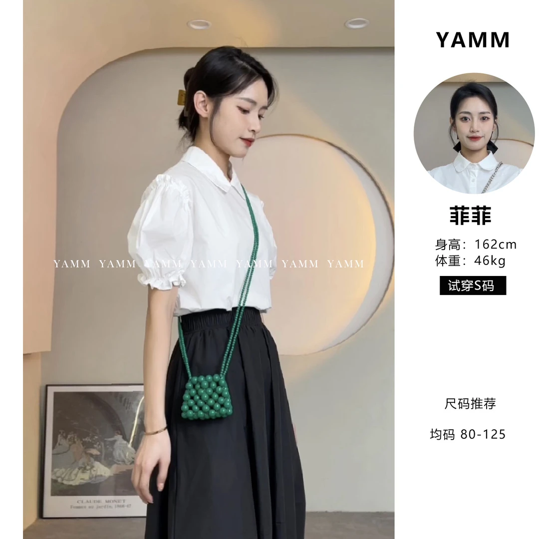 YAMM~泡泡袖短袖衬衫娃娃领衬衣女