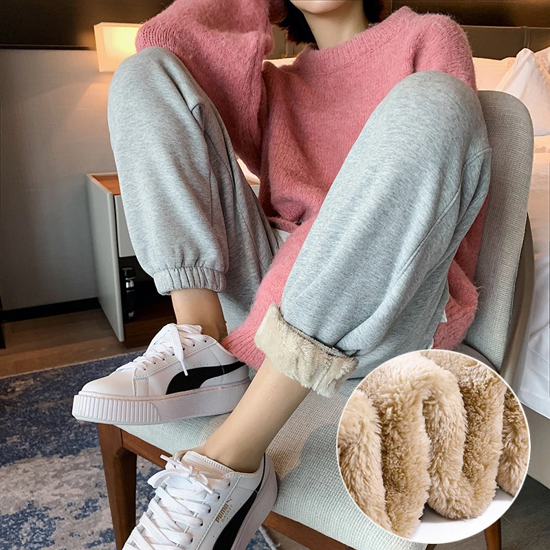 加绒加厚羊羔绒运动裤子女秋冬新款宽松束脚休闲棉裤灰色九分卫裤