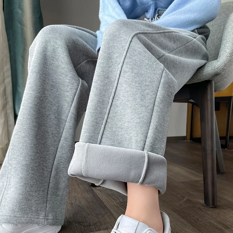 加绒窄版阔腿裤女2024秋冬新款宽松显瘦小个子运动裤直筒休闲卫裤