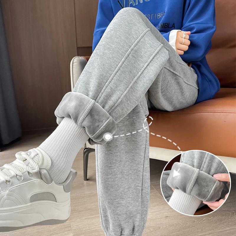 加绒加厚运动裤女2025秋冬新款外穿棉裤子小个子九分休闲束脚卫裤