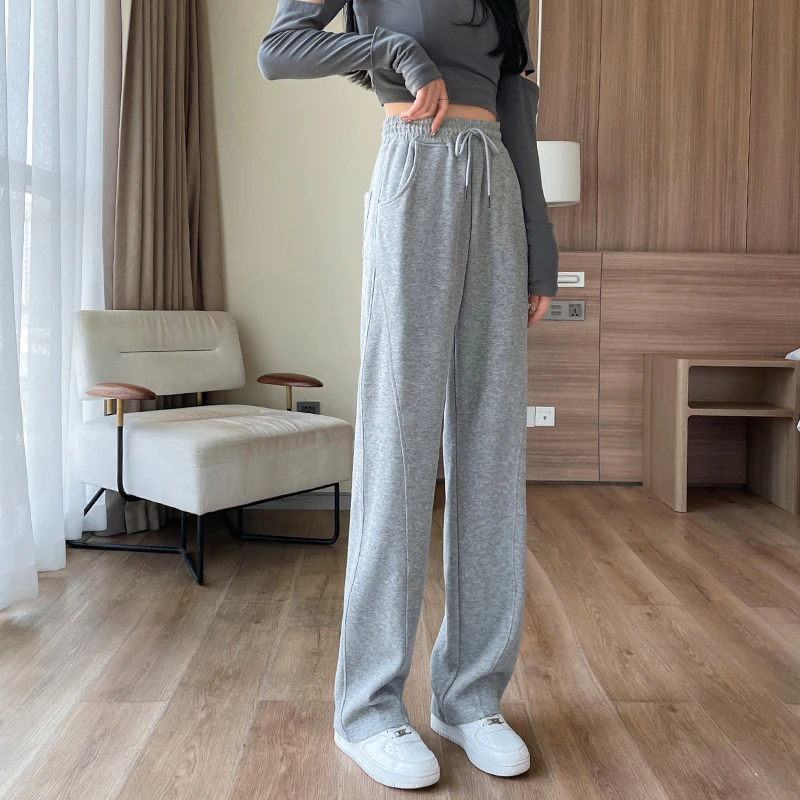 灰色窄版阔腿裤运动裤女春秋2025新款宽松薄款休闲卫裤垂感香蕉裤