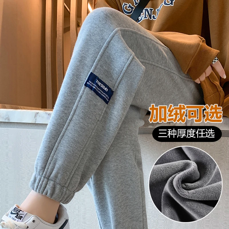 加绒运动裤女宽松冬季2025新款高腰束脚加绒加厚外穿灰色休闲时尚