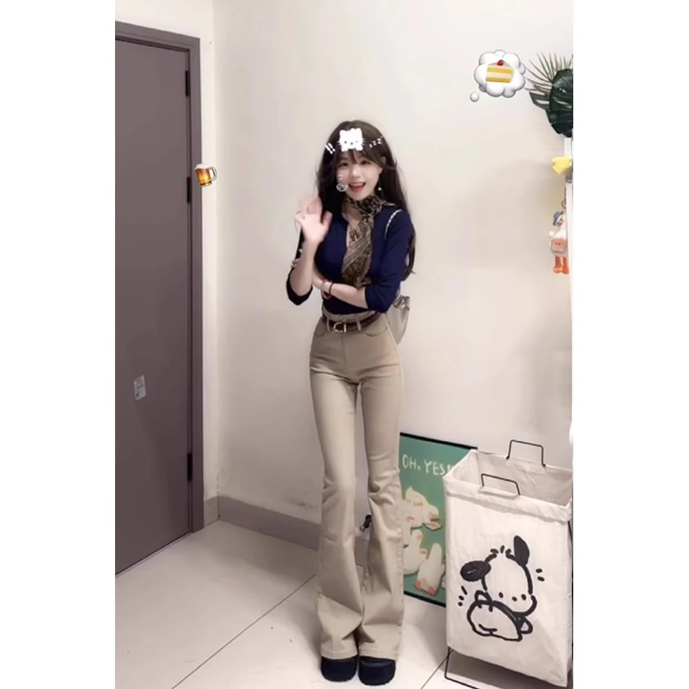 复古卡其色高腰微喇牛仔裤女秋冬新款辣妹修身显瘦马蹄拖地长裤子