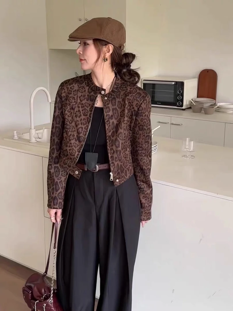 秋季新款韩版休闲气质时尚豹纹短款百搭显瘦开衫外套女