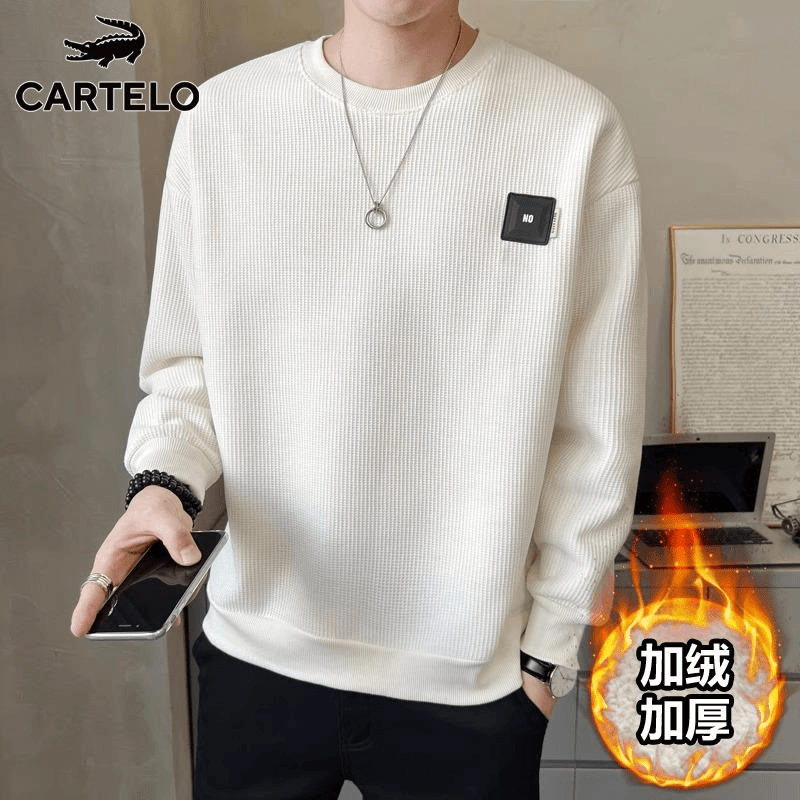 cartelo/卡帝乐鳄鱼 鳄鱼华夫格卫衣男士春秋季圆领白色上衣加绒加厚打底衫男装秋冬款