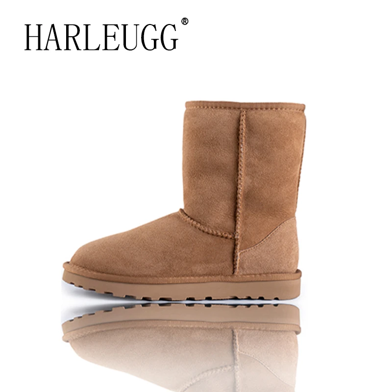 冬季女款5825中筒薄底雪地靴加绒加厚羊皮毛一体东北高帮保暖棉鞋