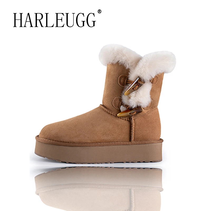 女冬雪地靴2024新款牛角二粒扣厚底低筒羊皮毛一体低帮保暖毛毛鞋