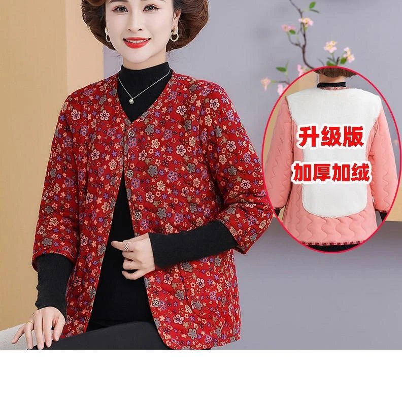 中老年人女冬装中袖格子马甲加绒加厚马夹七分袖棉衣妈妈半袖棉袄