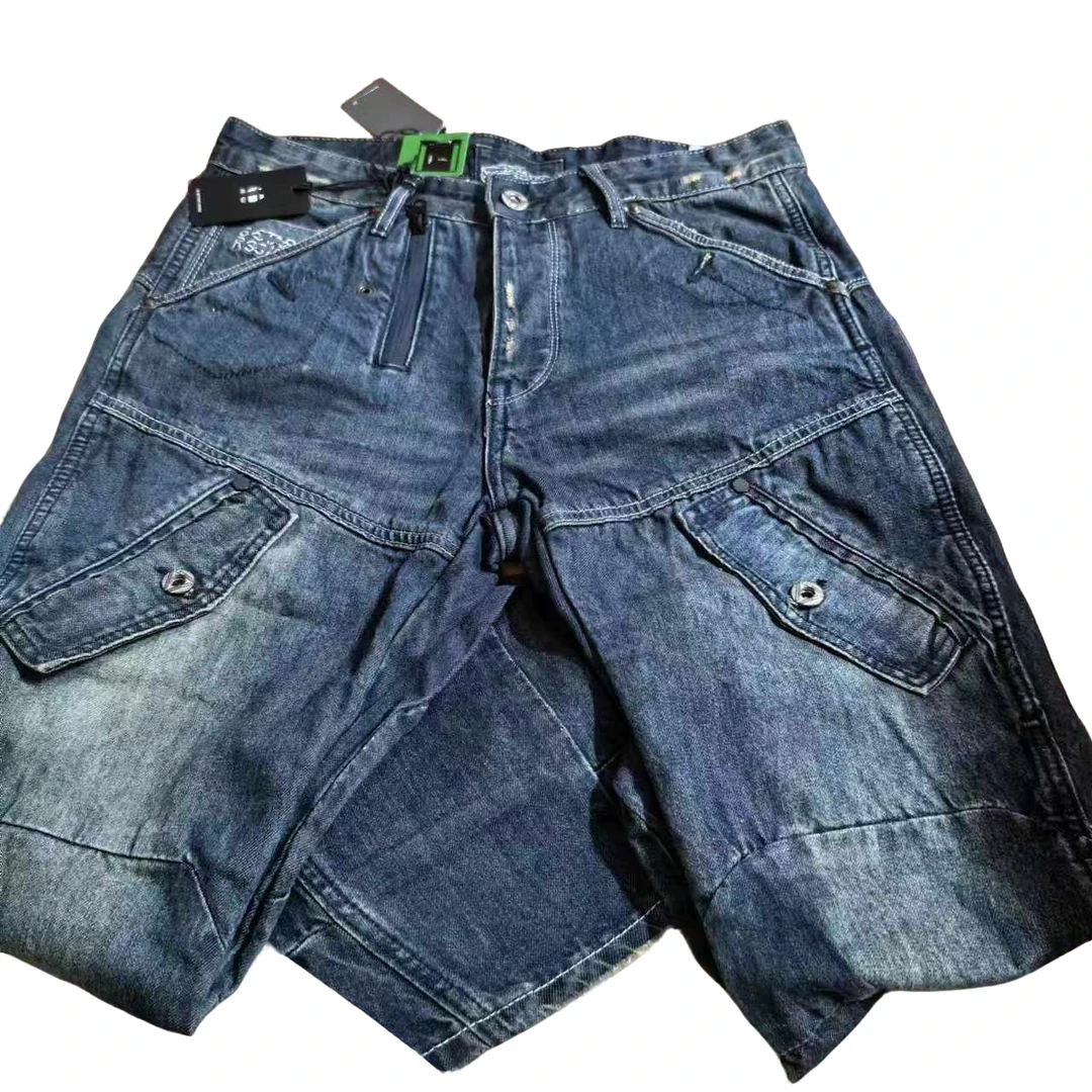 G 男士潜水艇牛仔裤海报款时尚拼接工装牛仔裤复古蓝色