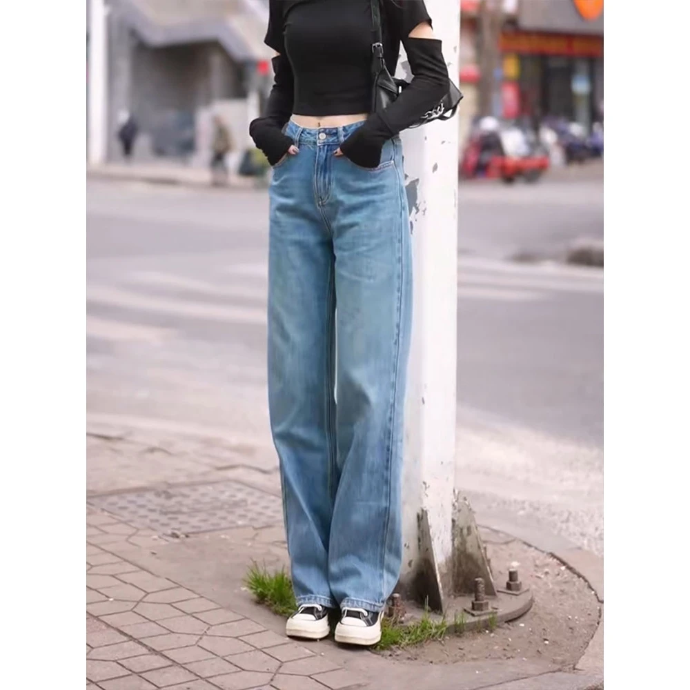 新款秋冬时尚宽松垂感高腰显瘦显高直筒蓝色直筒裤阔腿牛仔裤女