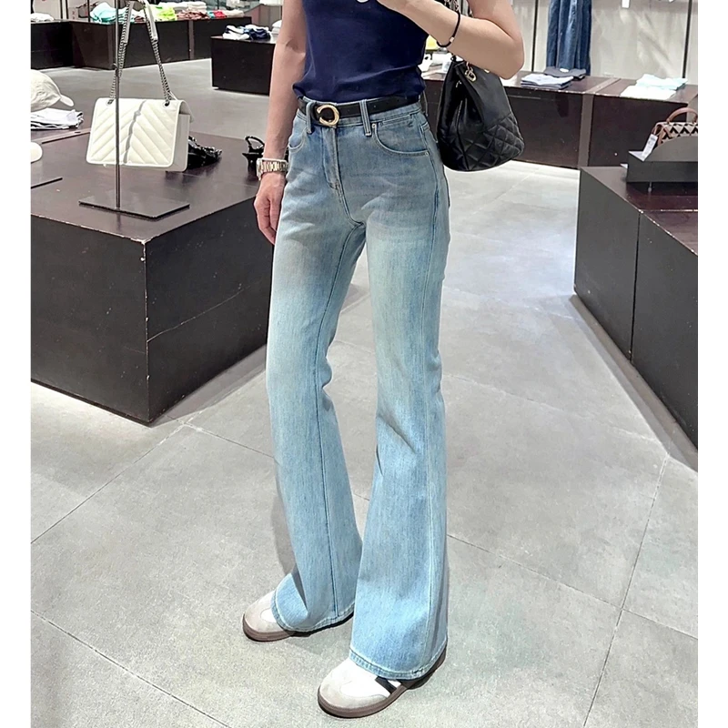 韩版新款秋冬修身宽松直筒显高拖地裤水洗浅蓝色高腰浅色牛仔裤