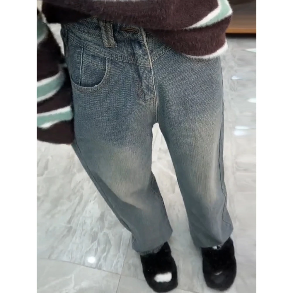 秋冬2023加绒高腰显瘦小个子直筒拖地裤怀旧蓝做旧设计感牛仔裤女