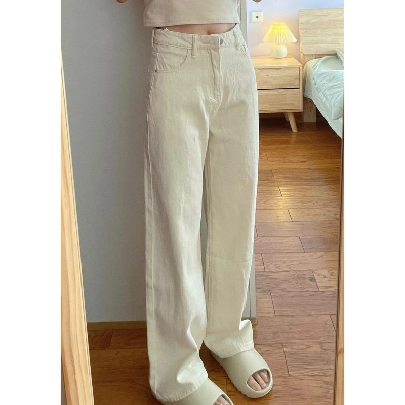 不透的白色高腰直筒牛仔裤女宽松显瘦垂感拖地窄版阔腿裤子潮秋季