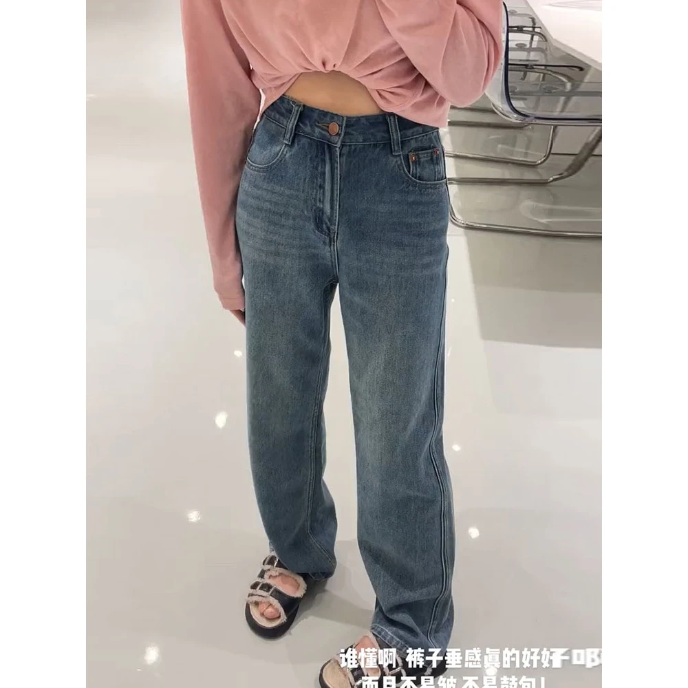 2023秋冬新款休闲高腰显瘦蓝色复古时尚高端水洗长裤直筒牛仔裤女