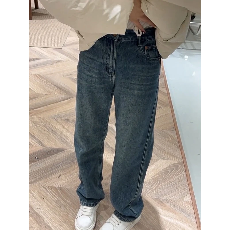 宽松百搭2025年新款简约显瘦高腰直筒拖地裤子女复古蓝阔腿牛仔裤