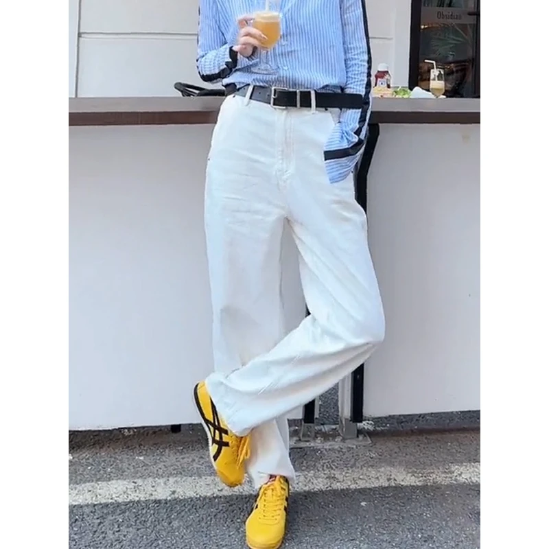 秋季垂感牛仔直筒裤子白色高腰直筒牛仔裤宽松显瘦显腿长牛仔裤女