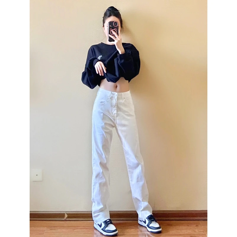 2025年新款高街美式裤子女ins潮时尚辣妹高腰显瘦穿搭白色牛仔裤