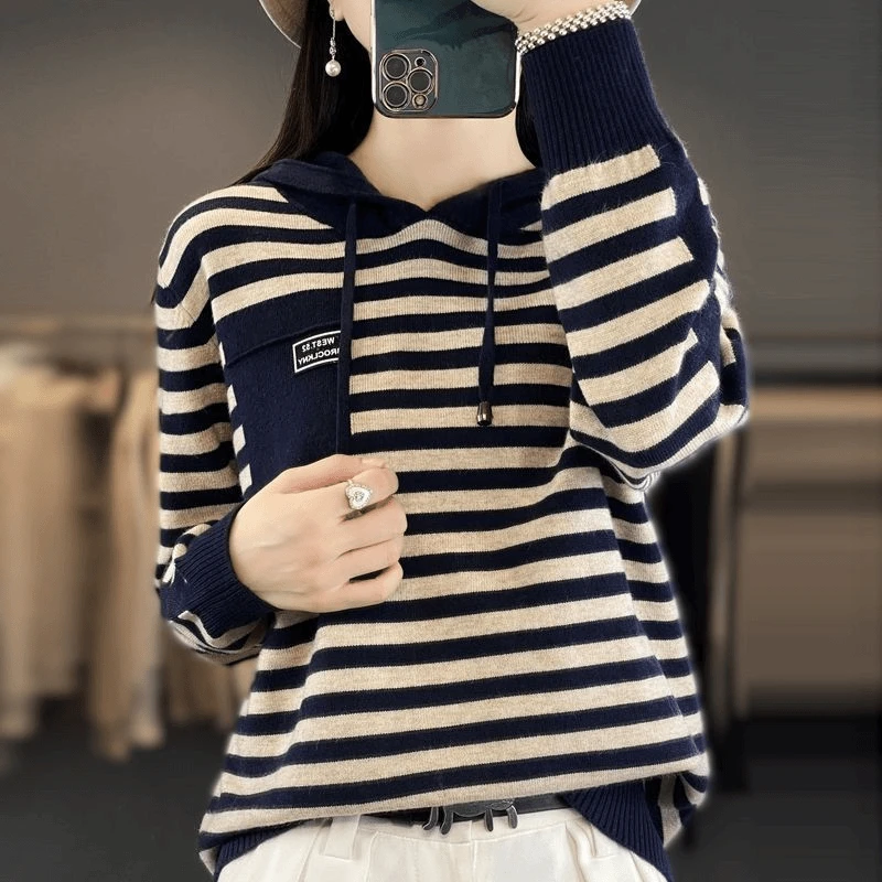 秋冬时尚百搭新款2024条纹撞色羊毛帽衫针织衫卫衣女显瘦减龄加厚