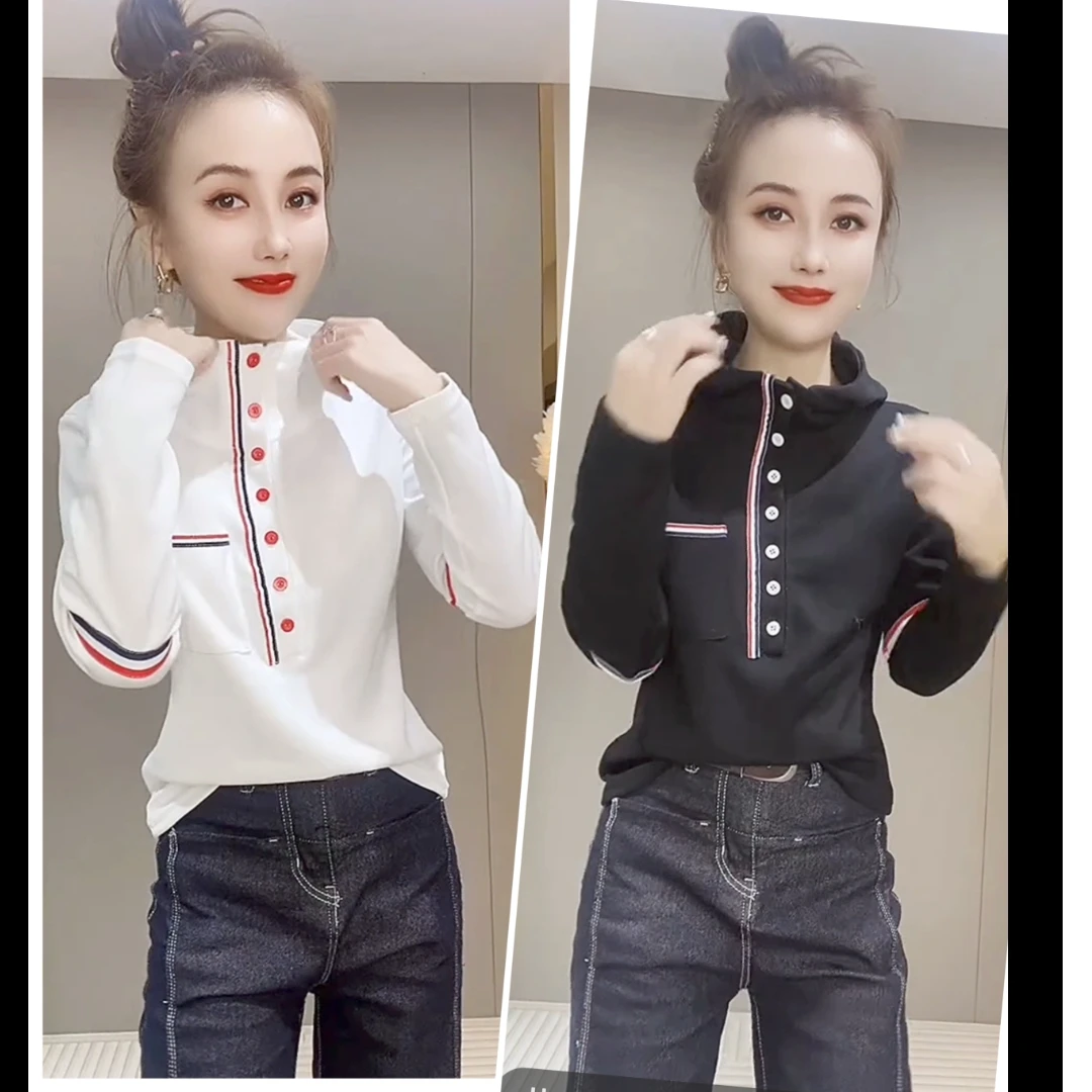 拼色口袋2024秋冬修身新款T恤连帽排口休闲简约长袖打底上衣通勤