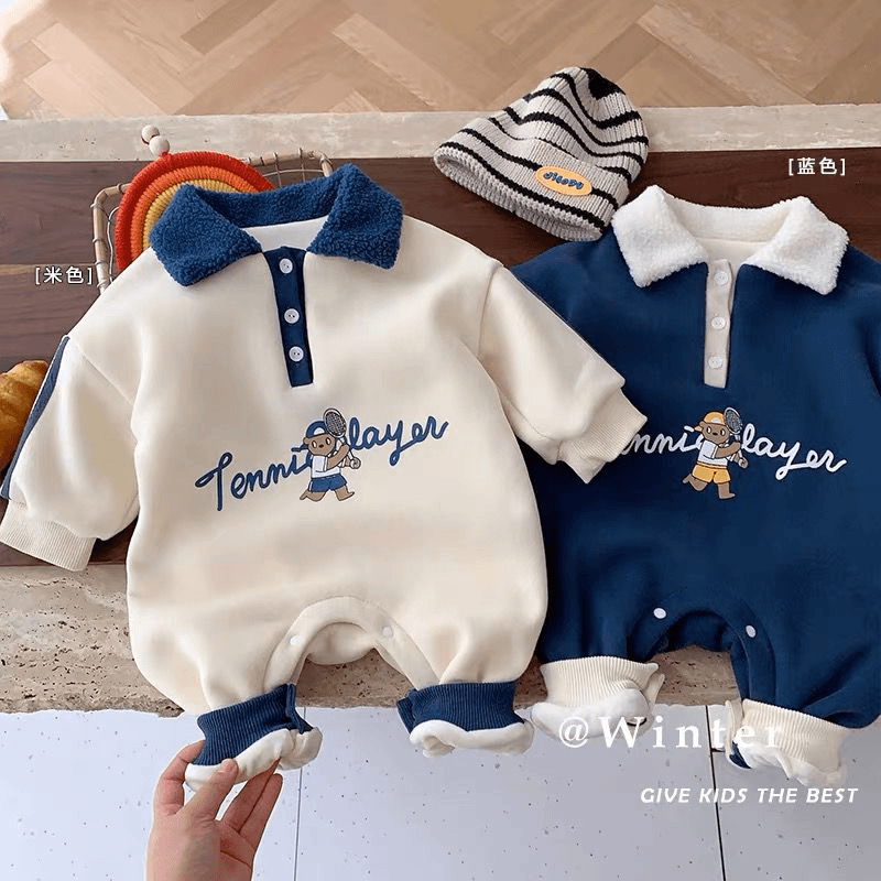 婴儿加绒连体衣0-2岁冬季新款韩国童装宝宝小熊爬服保暖外出服