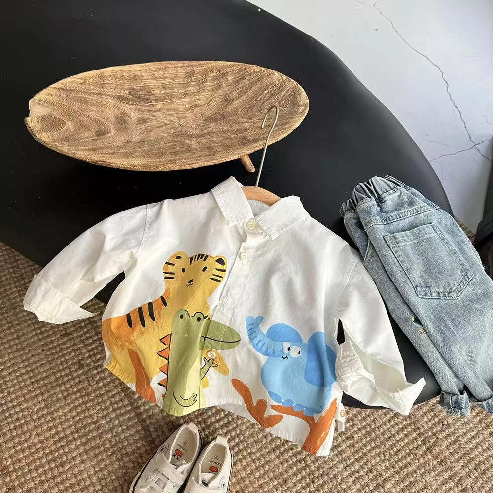 男童衬衫翻领韩版春秋款男宝宝衣服儿童卡通印花时髦春装小童衬衣