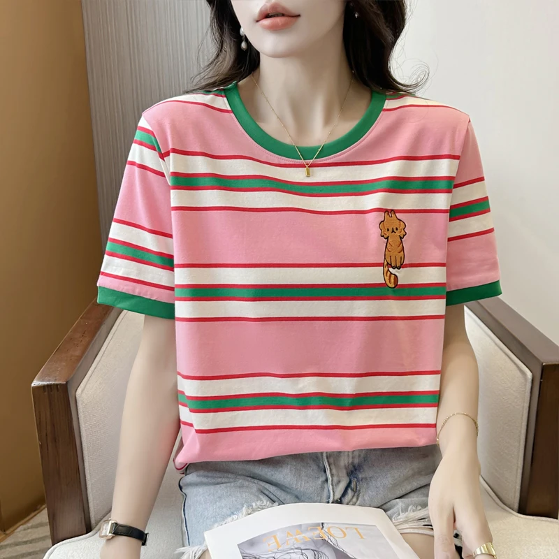 半袖女爆款2024新款刺绣条纹短袖洋气时尚显瘦圆领粉红色百搭上衣