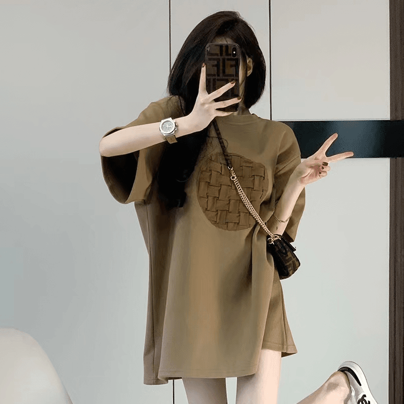 美式设计感时尚百搭圆领修身短袖t恤女显瘦短袖中长款小众半袖女