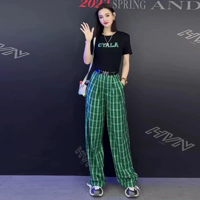套装女2024新款爆款洋气短袖百搭格子套装夏季绿色休闲裤时尚套装
