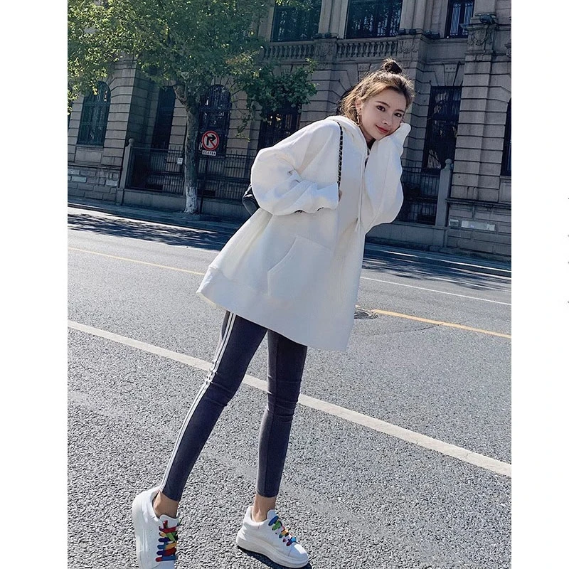 白色纯色连帽加绒卫衣宽松中长款时尚百搭休闲慵懒风舒适秋冬外套