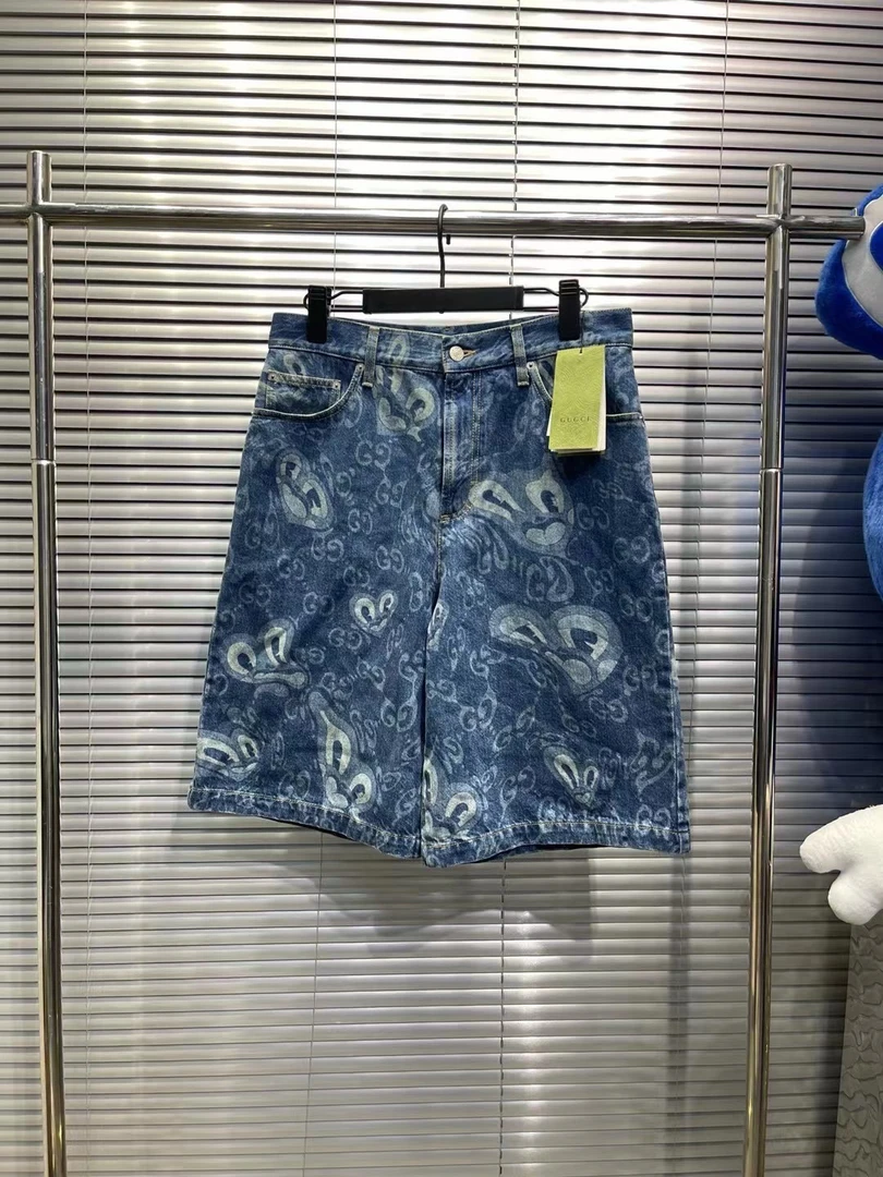 Gucci24爆款精灵系列液态满印蓝色牛仔短裤/32码/代8010