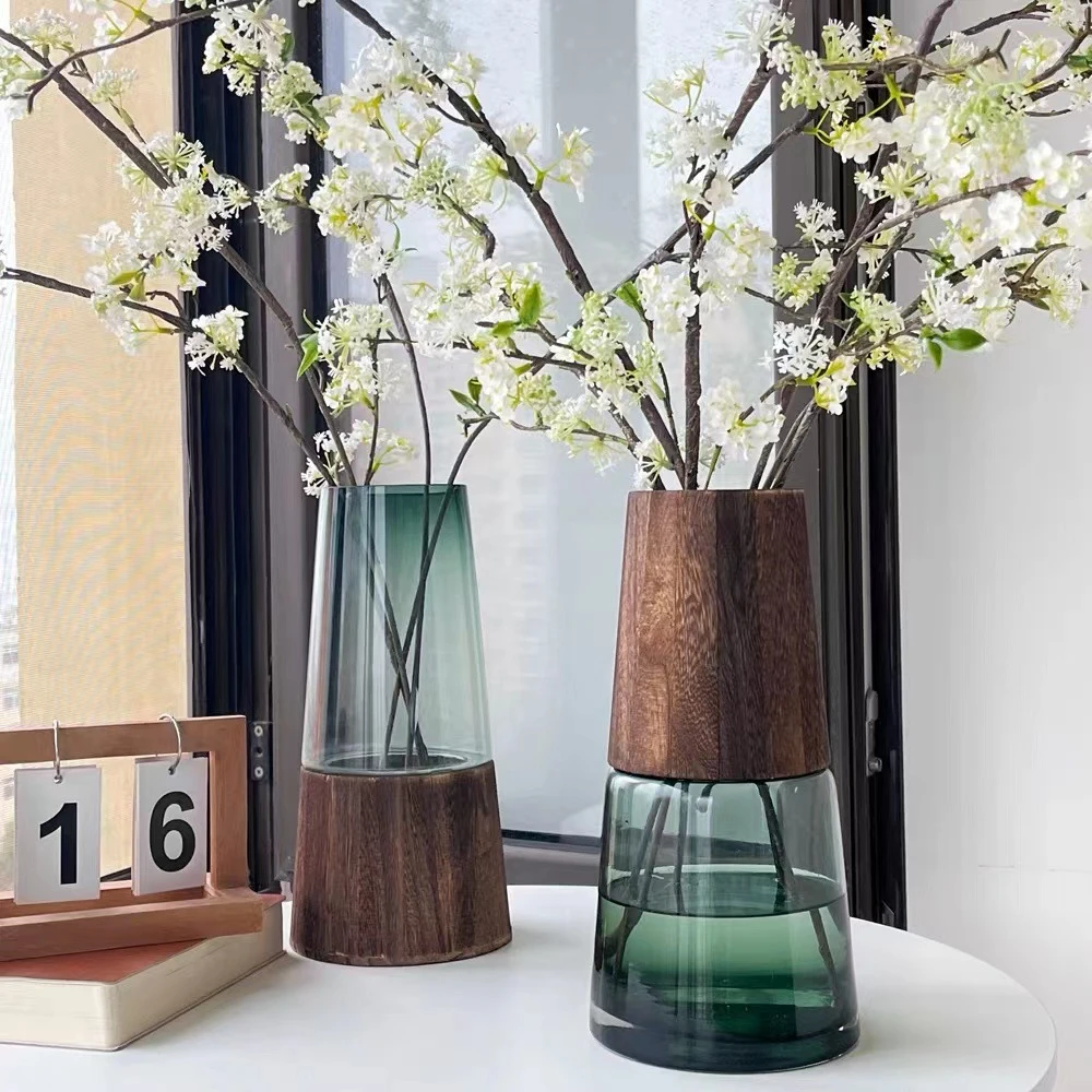 北欧轻奢原木托透明玻璃花瓶摆件客厅创意简约ins插花郁金香装饰