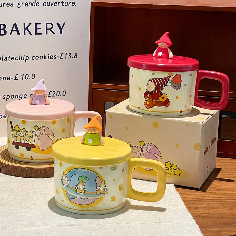 复古可爱星星人马克杯带盖高颜值情侣杯子家用陶瓷水杯生日礼物女