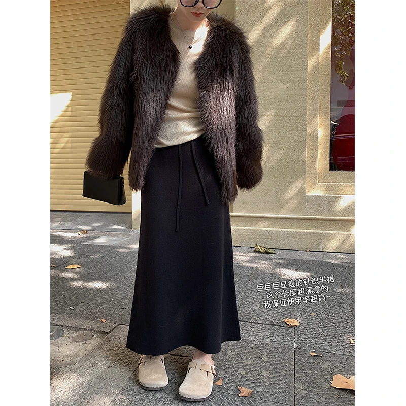 高腰抽绳黑色针织半身裙A字直筒显瘦梨形遮肉秋冬长裙显瘦半身裙