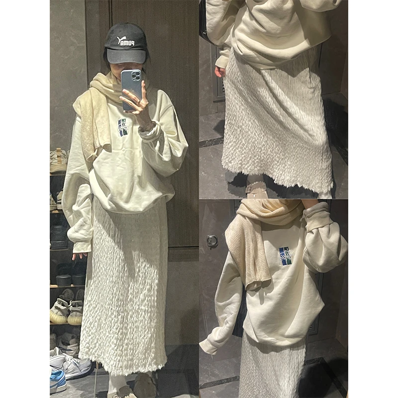 秋冬新款宽松针织褶皱A字流苏毛边半身裙女垂感高腰百搭中长裙