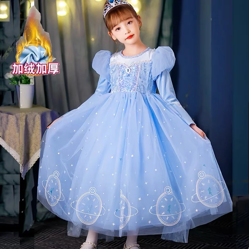女童加绒爱莎公主连衣裙新款春秋蓬蓬纱连衣裙小女孩生日礼服长袖