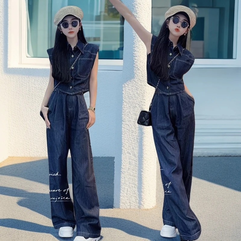 港风2024夏季休闲时尚牛仔套装女洋気砍袖衬衫直筒阔腿裤两件套
