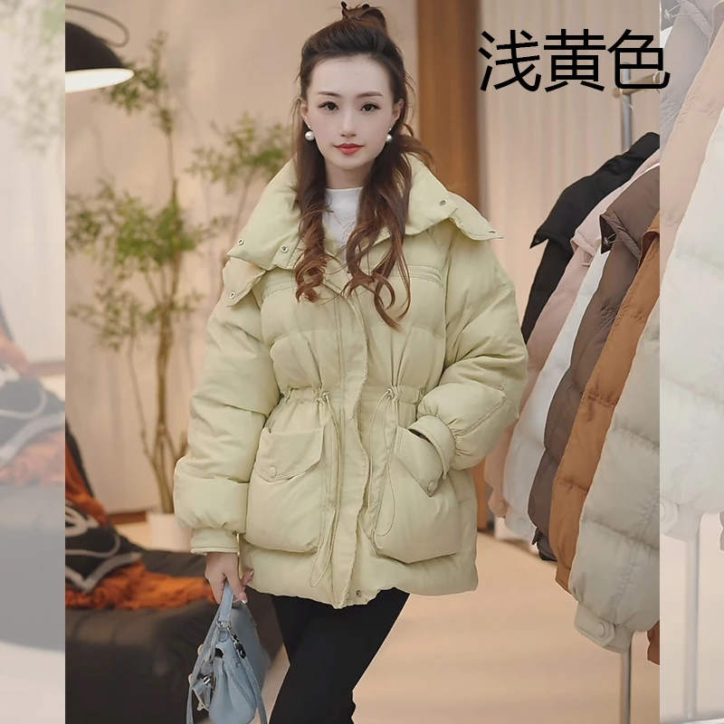 Jj女装短款加厚保暖冬季韩版时尚百搭连帽收腰包扣外套