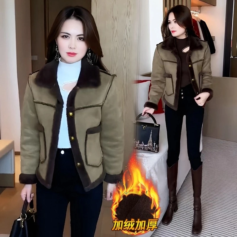 皮毛一体短款外套女2024年冬季新款宽松显瘦洋气质加绒加厚棉服潮