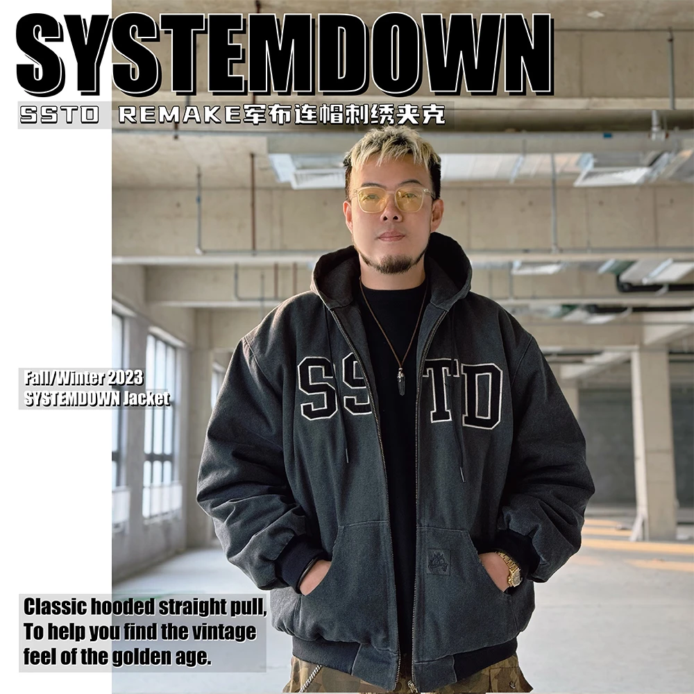 SSTD秋冬军布连帽ol刺绣夹克（手工破坏）水洗大码做旧棉服新雪丽棉