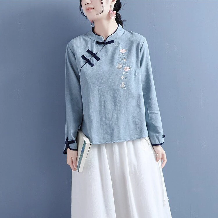【运费补贴】拼色斜襟盘扣花藤刺绣长袖立领上衣中国风复古衬衫419