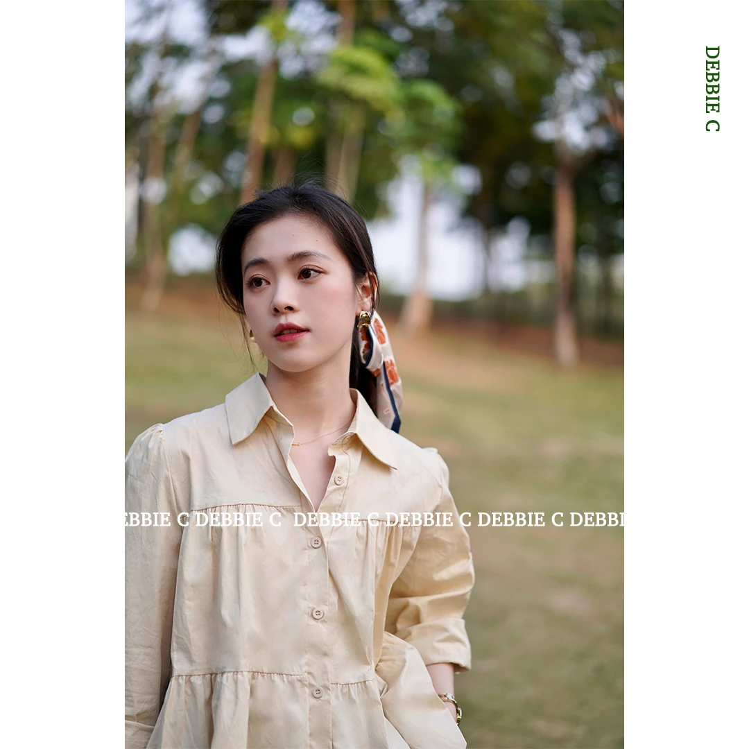 DEBBIE C 甜美气质简约通勤宽松百搭褶皱感泡泡袖衬衣衬衫上衣女