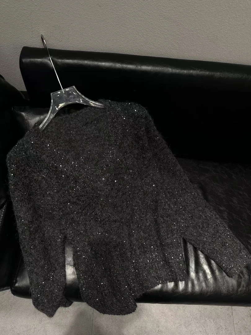 欧货重磅亮闪闪针织毛衣V领长袖秋冬新款毛衣女款2024款网红款