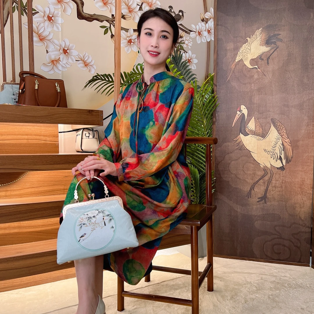 莨丝阁【彩虹】夏季气质优雅宽松复古女装遮肉连衣裙