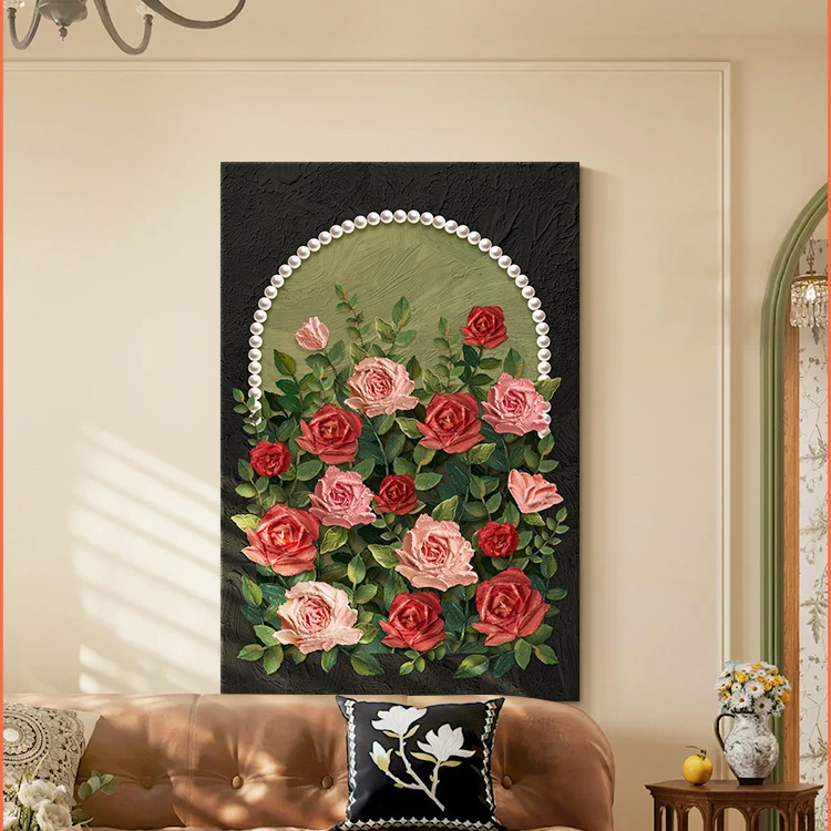 中古风客厅装饰画展示复古壁画珍珠玫瑰小众奶油风沙发背景墙挂画