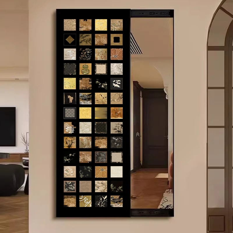 中古风百联图暗藏式推拉镜客厅全身镜装饰画穿衣镜墙壁画小众