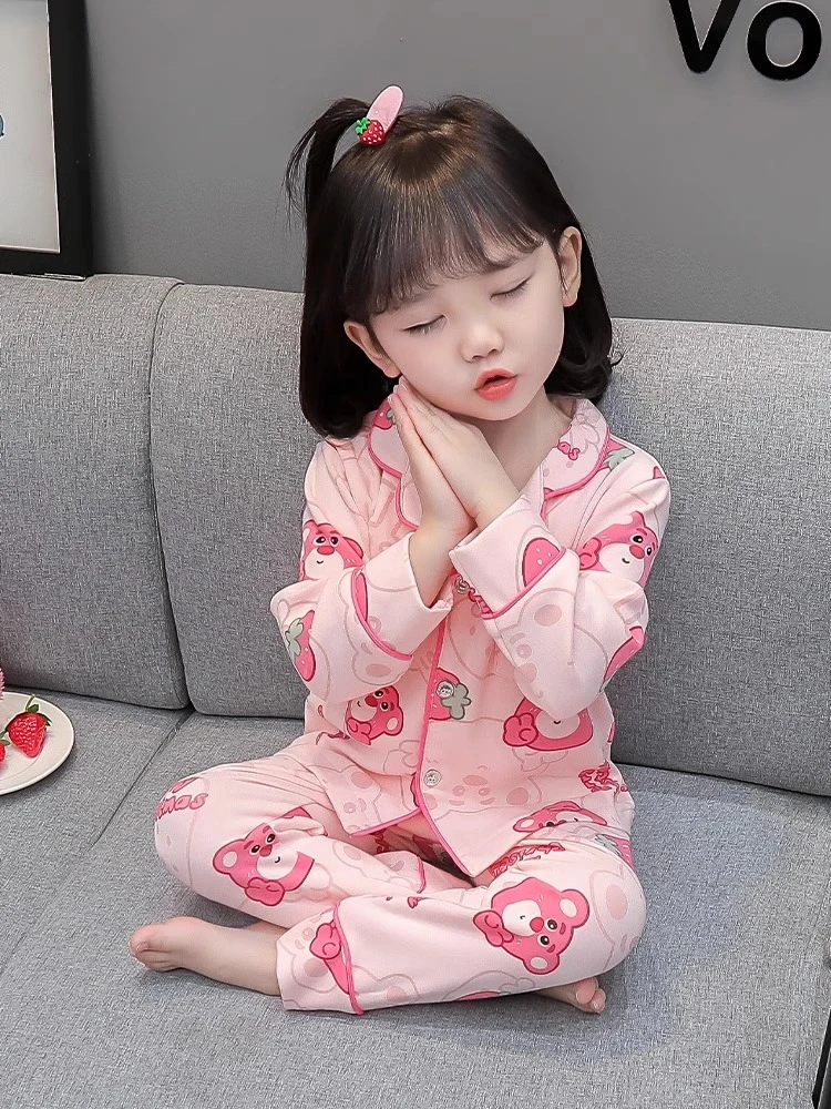 儿童款睡衣女童长袖薄款女宝卡通洋气宝宝冬睡衣草莓熊家居服套装