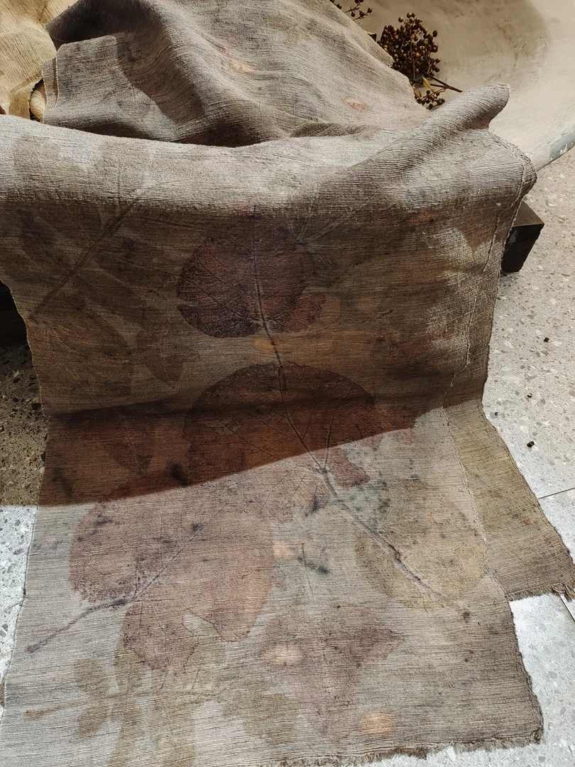 NatureDye OS153320 植物染叶片拓印茶席复古气质柞蚕丝拼色席子