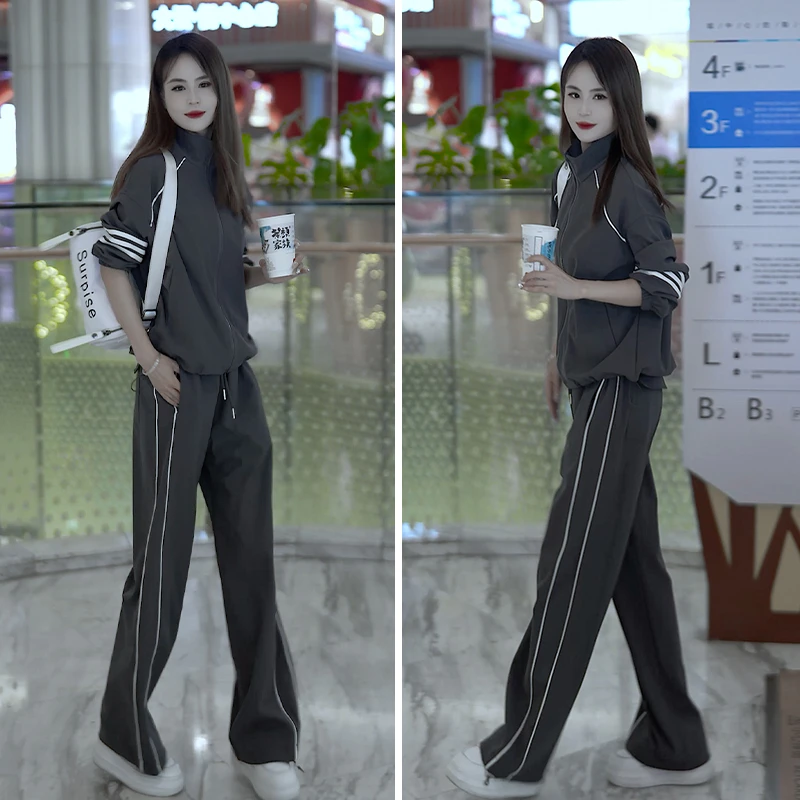 7603秋季新款时尚洋气休闲运动套装女条纹立领外套显瘦减龄宽松裤