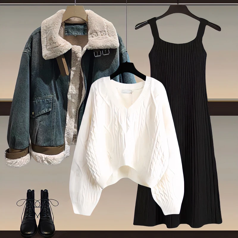 冬季套装女2023新款韩系温柔风加绒牛仔外套毛衣显瘦连衣裙三件套
