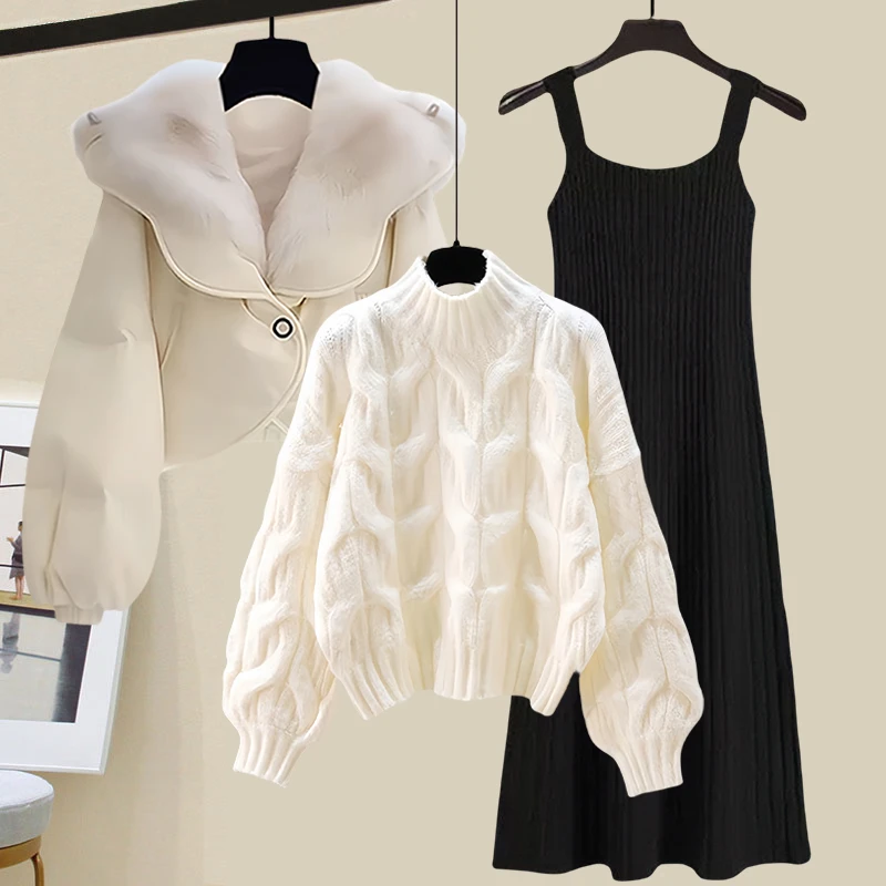 冬季套装女2023新款韩系温柔风棉服外套针织毛衣显瘦连衣裙三件套